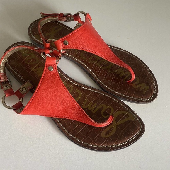 Sam Edelman Greta Leather T-Strap Flat Sandal Thong Ankle Strap Red 6 36 - Picture 2 of 5